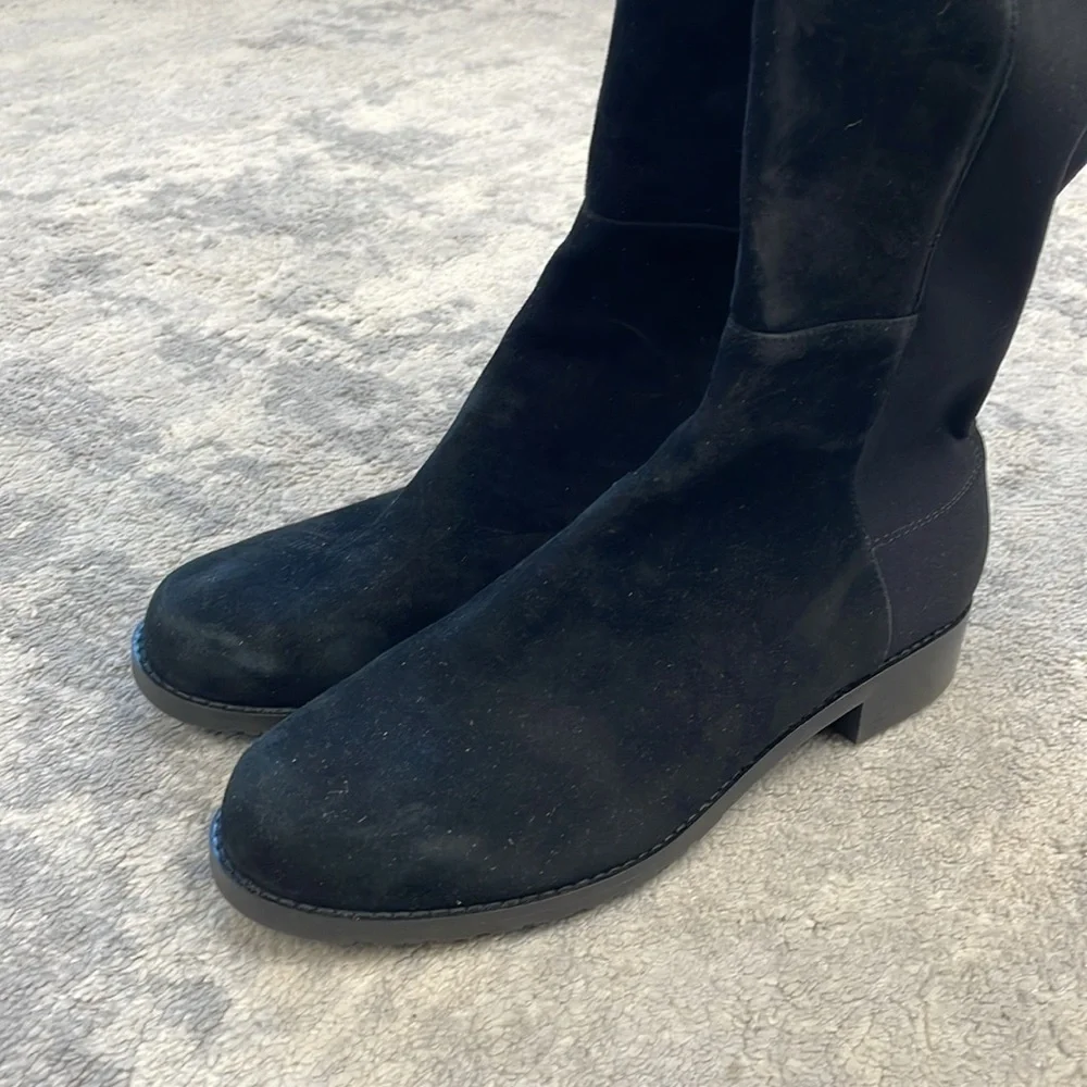 New Stuart Weitzman 5050 Suede Riding Boots Knee High Black Low Heel Sz 5.5